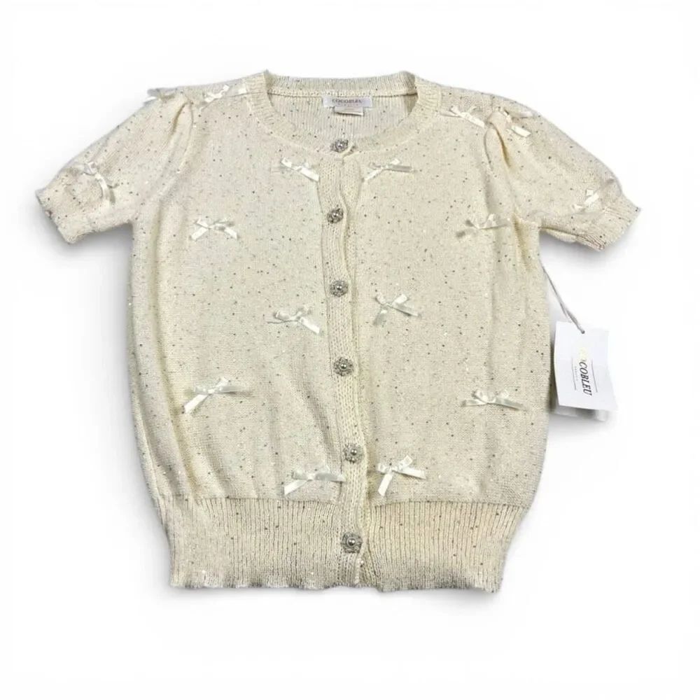Cocobleu Button Cardigan Cream Ribbon Bow Shimmer Short Sleeve Sweater S NWT